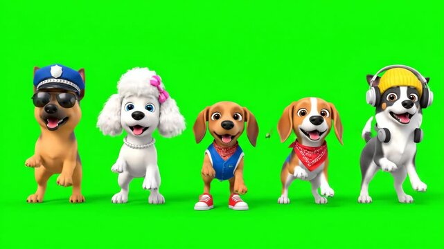 Animated dogs dancing in costumes on green screen