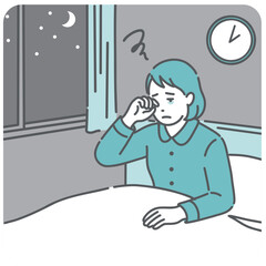夜中に目が覚めて眠れない・中途覚醒の女性のイラスト（睡眠障害・不眠・更年期）