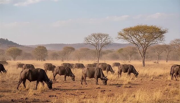 The African buffalo (Syncerus caffer) searching for food at dry season in the Miombo, the largest forest of Africa 
