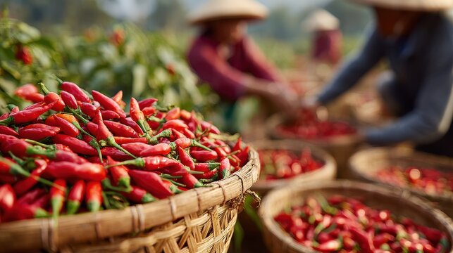 Workers handpicking ripe red chilies baskets filling on blurred background