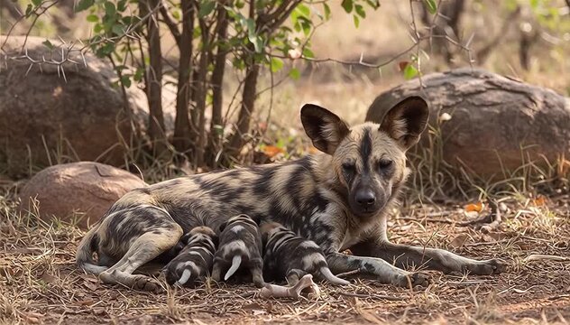 Close up of African wild dog mother (Lycaon pictus) breastfeed in the Miombo, the largest forest of Africa
