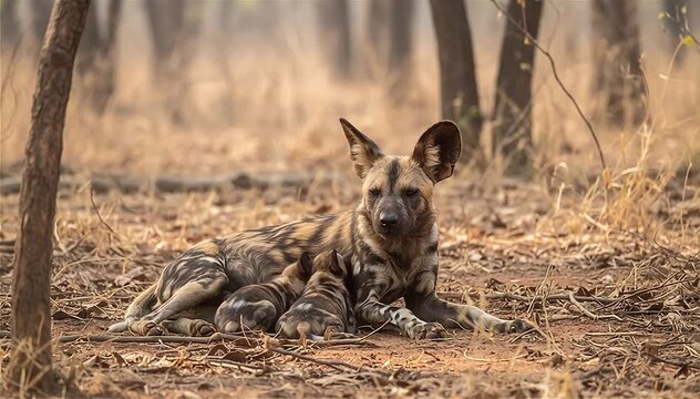 Close up of African wild dog mother (Lycaon pictus) breastfeed in the Miombo, the largest forest of Africa
