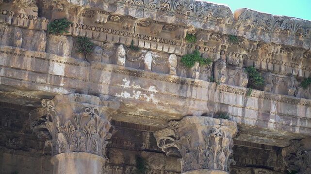 Close-up view showcases column capitals of the Temple of Bacchus in ancient Roman city Heliopolis Syriaca, Baalbek, eastern Lebanon.