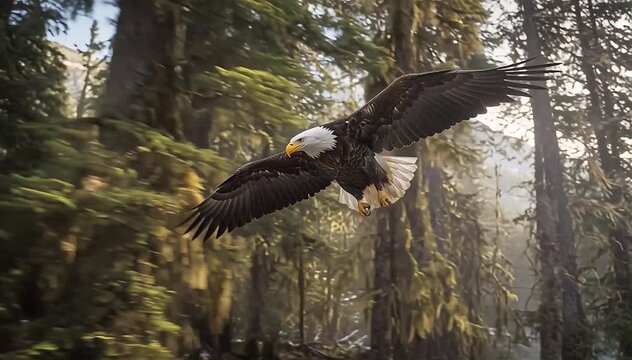 Close up of bald eagle (Haliaeetus leucocephalus) search for food in the forest in west Alaska.
