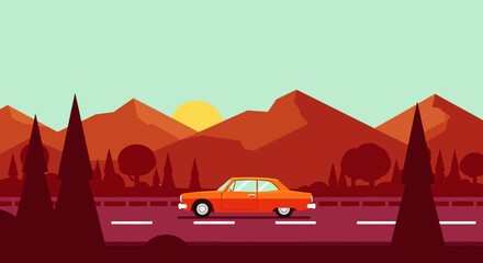 Vibrant Orange Car Traveling Down a Mountain Highway at Sunset. © Ira Project