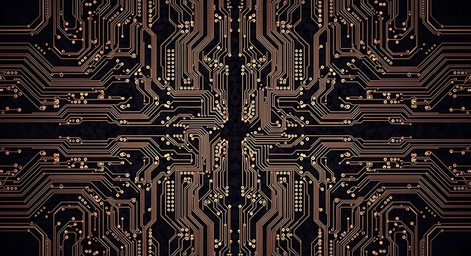 A complex circuit board design with copper wiring on a black background