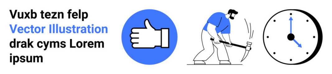 Obraz premium Time management, productivity tools, labor industry, motivation, work-life balance, business efficiency. Thumbs up, worker with hammer clock. Time management and productivity tools concept