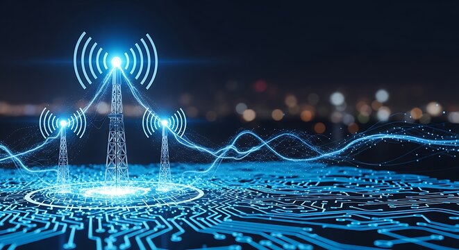 Futuristic blue glowing antenna with signal waves on circuit board at night city background with technology concept