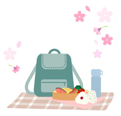 春の遠足セットイラスト（お弁当・リュック・桜）
