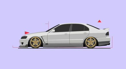 Vector illustration of a white sports car with gold rims on a purple background. © Ira Project