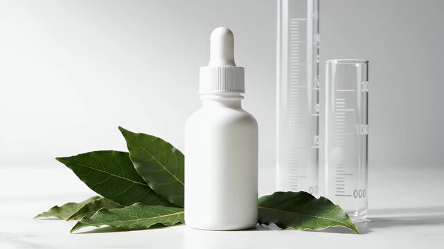 Serum Bottle with Green Leaves and Measuring Cylinder on Marble Surface Under Bright Lighting for Cosmetic Industry