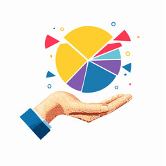 Trendy Halftone Collage Hand with pieces of pie chart. Business data and market share concept. Circular diagram parts.