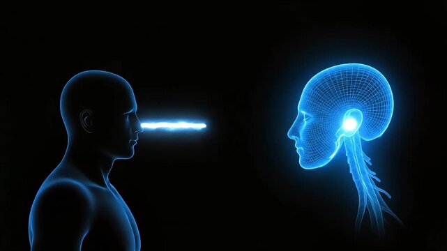 Telepathic communication between two human figures, with a glowing blue beam connecting their minds, representing mental connection and thought transfer.