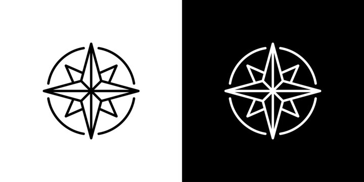 Minimalist vector line art icon of a classic compass rose symbol, representing navigation, direction, and travel, ideal for modern design projects