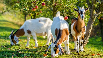 Three goats grazing peacefully in lush green orchard with ripe apples