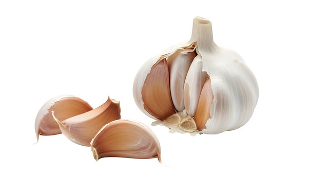Freshly peeled garlic bulb with separated cloves on transparent background