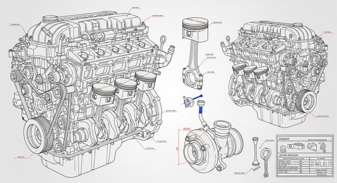 Detailed Technical Drawing of an Internal Combustion Engine.