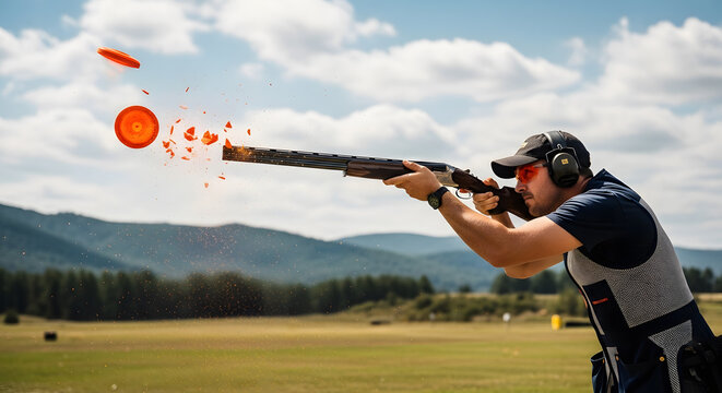 A marksman aiming a shotgun at an orange clay target shattering in mid air during a competitive sport