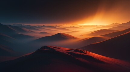 Naklejka premium Dramatic desert dunes landscape at sunset with layered hills and warm golden light 