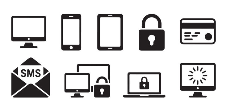 Digital device security icons set with computer phone tablet credit card sms message laptop