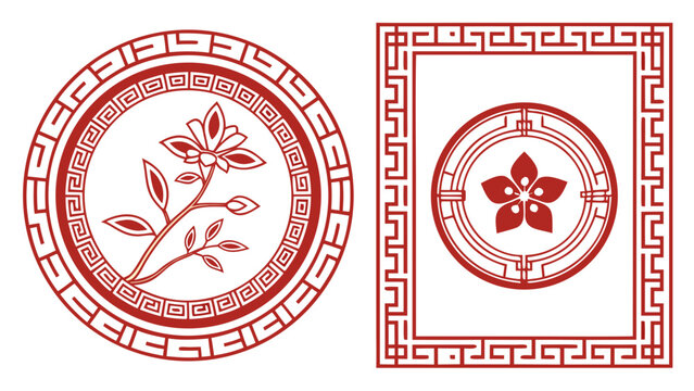 Chinese Frames with Ornamental Borders. Oriental Logo Design Element. Vector Simple Retro Chinese Labels with Asian Patterns. Vintage China Red Frames.
