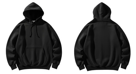 Minimalist black hoodie with drawstring and kangaroo pocket isolated on transparent background