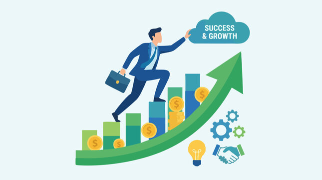 Businessman climbing growth graph upward.