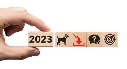 Hand holding 2023 wooden blocks with icons representing goals, challenges, and pets isolated on transparent background