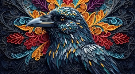 Obraz premium majestic raven rendered in intricate paper quilling style. Vibrant turquoise, gold, and deep blue colors create a psychedelic, ornate mandala pattern.