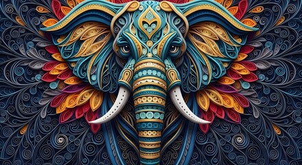majestic elephant rendered in intricate paper quilling style. Vibrant turquoise, gold, and deep blue colors create a psychedelic, ornate mandala pattern.