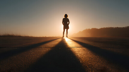 Person standing confidently on a road at sunset with hands on hips