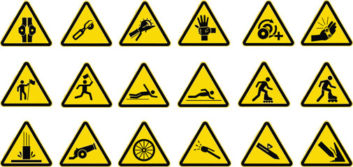 Industrial hazard warning signs set, workplace danger symbols, machinery, tools, slip, crush, cut risks, safety triangle icons collection
