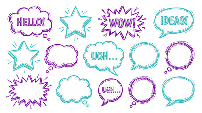 Collection of colorful hand drawn comic speech bubbles and thought clouds.