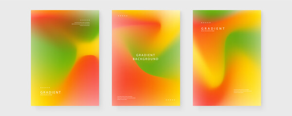 Obraz premium Three abstract posters featuring soft blurred mesh gradients in green orange and yellow colors for minimalist layout design