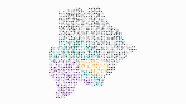Botswana map animation. Shape of the country with pulsating colored dots. Small size rounded square blocks. Digital style Botswana map on white background. Trending video.