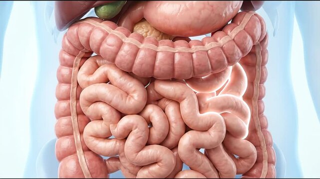 Human digestive system anatomy, highlighting large and small intestines, suitable for medical education, health awareness, scientific research, and biology study.