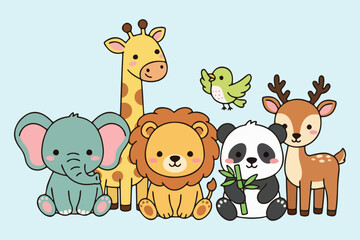 Naklejka premium Cute Flat Vector Illustration of Friendly Wild Animals with Bird on Light Background