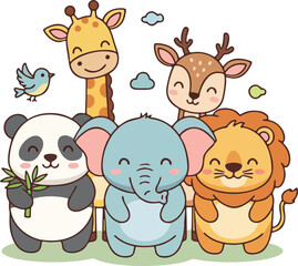 Obraz premium Cute Flat Vector Illustration of Adorable Wild Animals in Friendly Cartoon Style