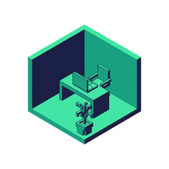 Isometric office cubicle illustration with desk computer and plant.