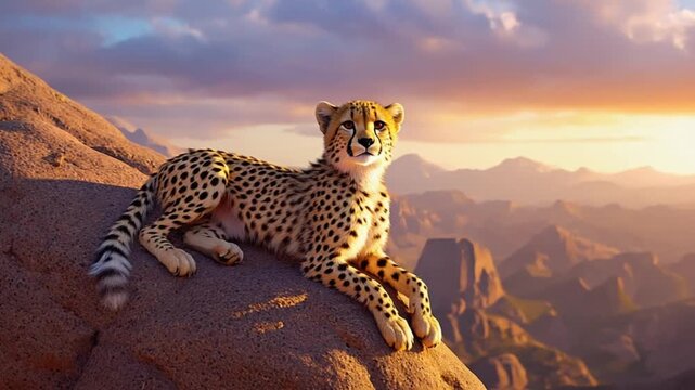 Majestic cheetah resting on rocky outcrop at sunset