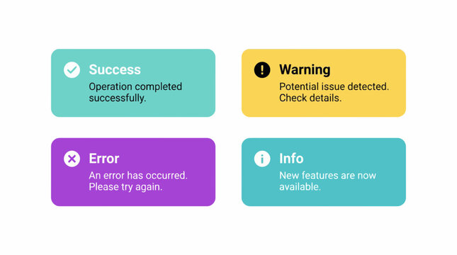 Set of user interface notification banners for success warning error and info.