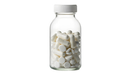 Clear plastic bottle filled with white capsule pills isolated on transparent background