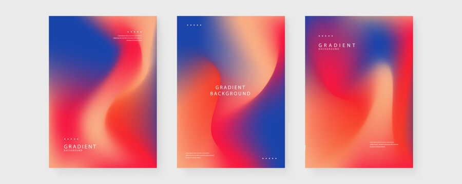 A collection of three editorial poster templates featuring bold red and deep blue fluid gradient backgrounds with typography