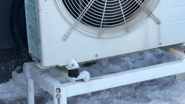Broken Ice Chunks Under Heat Pump Stand. A view under a heat pump stand reveals a pile of broken ice chunks and snow, debris from clearing the unit above.