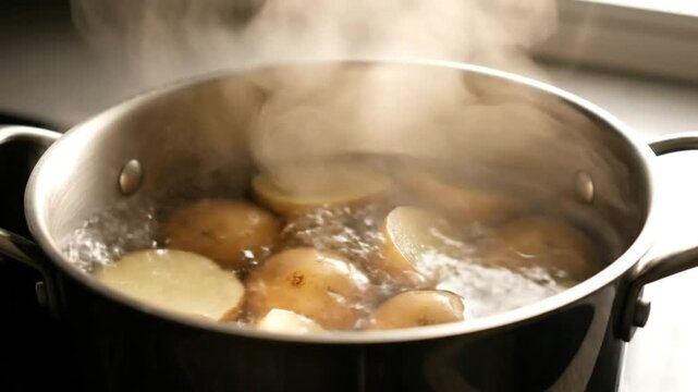 Boiling potatoes in a stainless steel pot, steam rising as they cook for a healthy meal preparation.