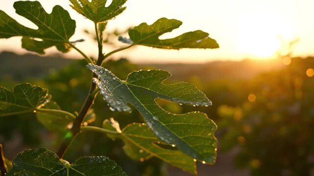 Morning Dew Sparkling on Fig Tree Leaves with Sunlit Vineyard Background and Soft Golden Hour Glow