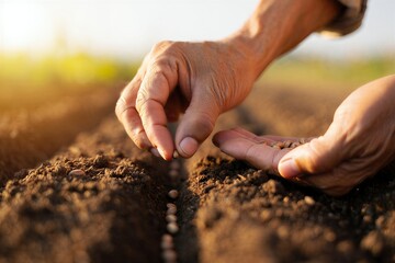 Farmer's hands planting seeds in fertile soil for a bountiful harvest