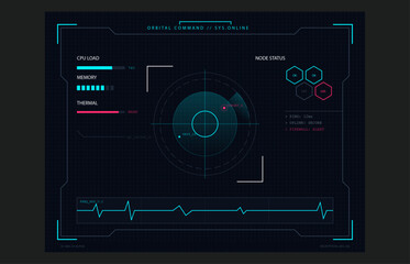 Obraz premium Dark Teal Sci Fi HUD Interface Infinity Radar Heartbeat Work Status Panel Flat Vector UI Template Illustration Design