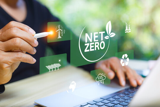 Net zero strategy and renewable energy concept with green sustainability interface and CO2 reduction icons