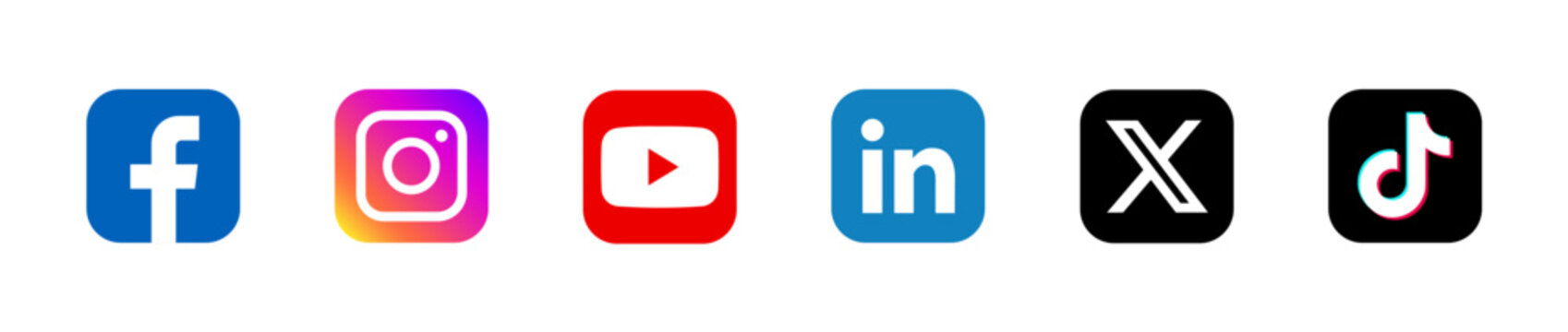 Colorful square social media icons set. Includes isolated vector logos of Facebook, Instagram, YouTube, LinkedIn, X, and TikTok